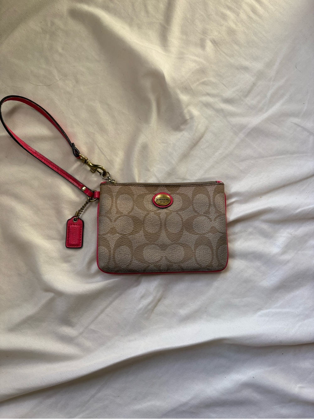 Coach Signature Canvas Wristlet in Khaki with Pink Trim and Strap